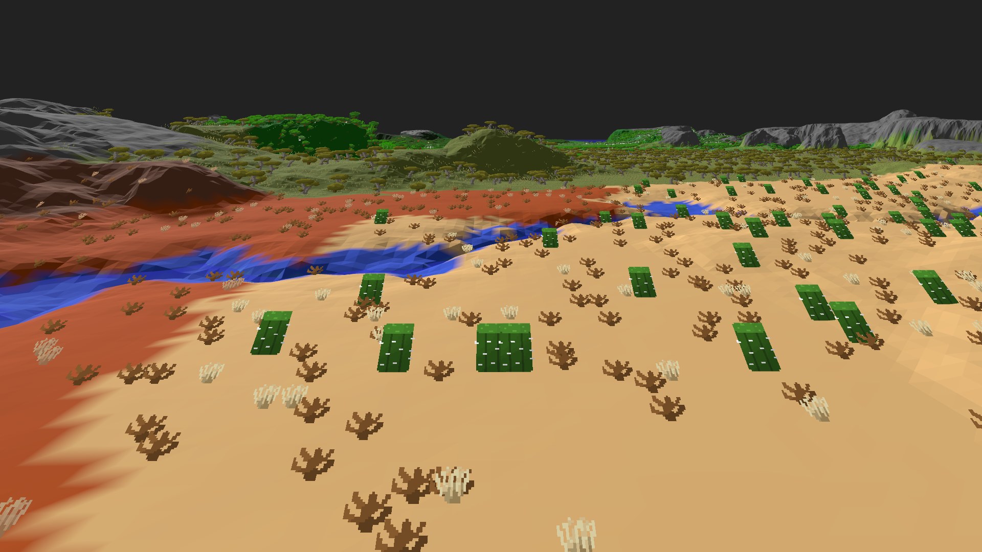 Near-horizontal 3D view from spawn looking at the surrounding terrain
