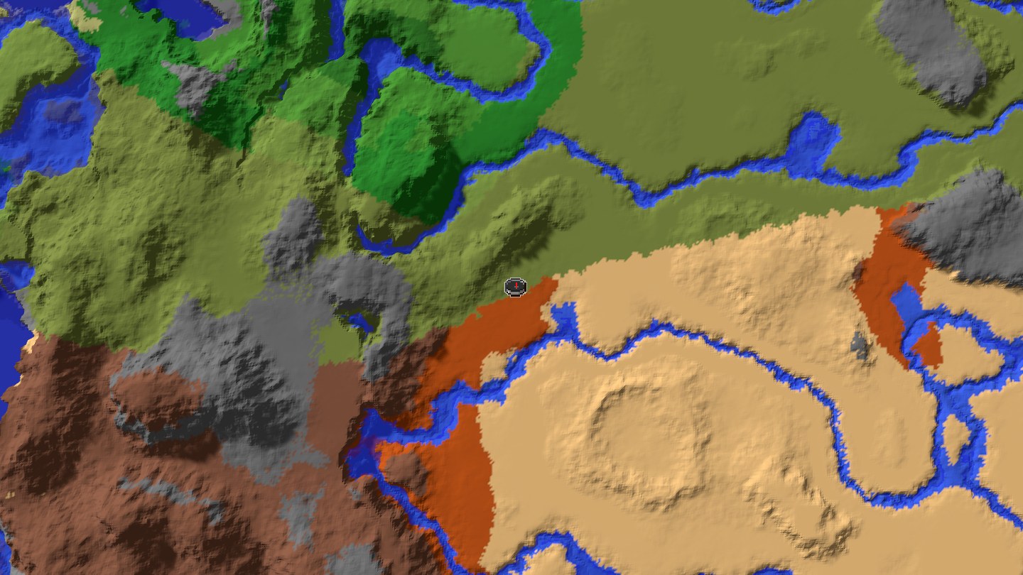 Aerial Minecraft seed map — Java 1.21 badlands savanna village seed with mineshaft route [-81000274019654172