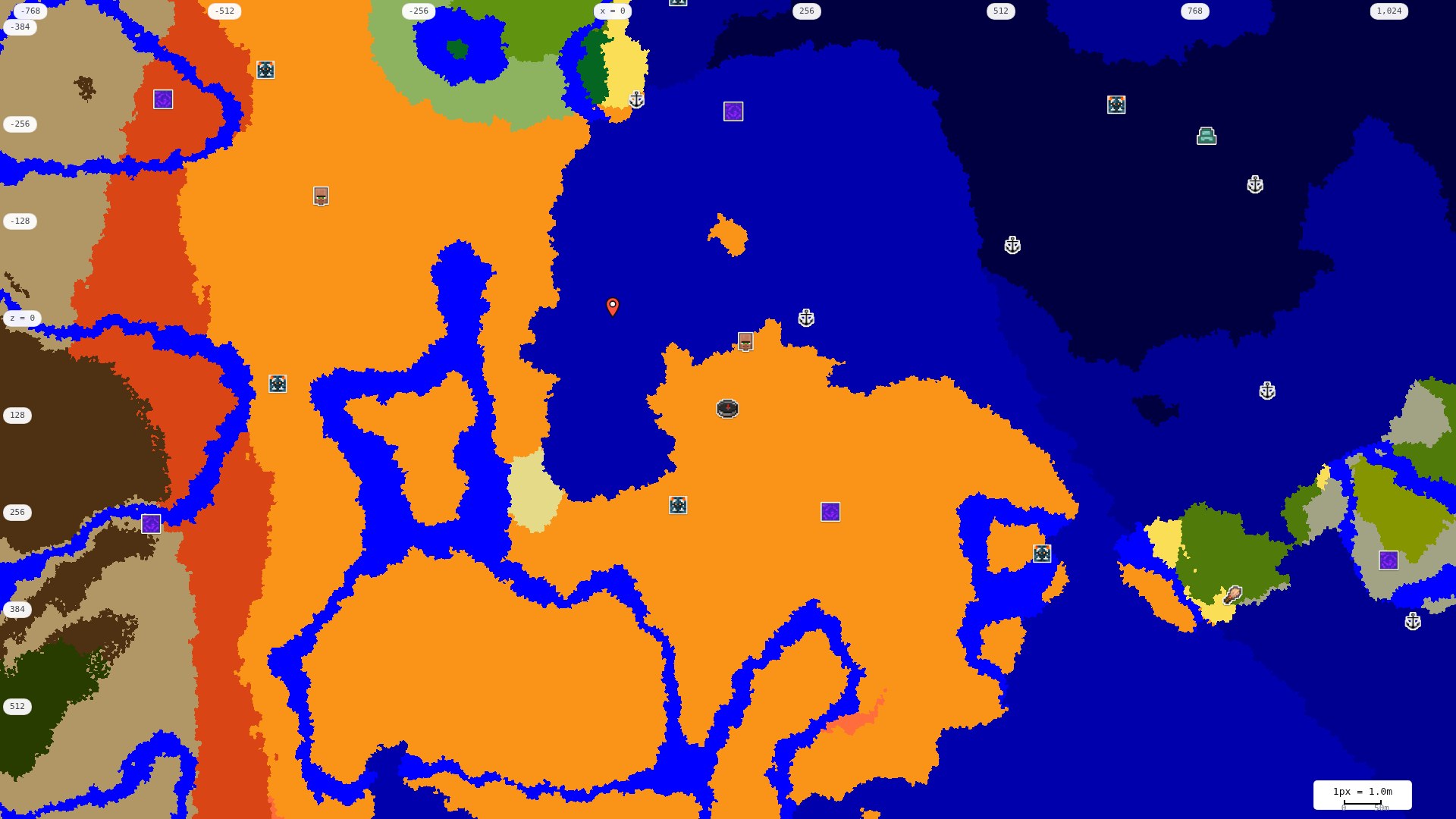 Top-down structures map: village, pillager outpost, ruined portal, shipwreck, woodland mansion, ocean monument, trial chambers, ancient city, desert pyramid, jungle temple, trail ruins