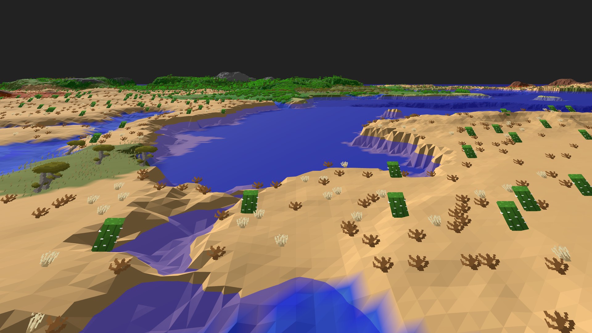 Near-horizontal 3D view from spawn looking at the surrounding terrain