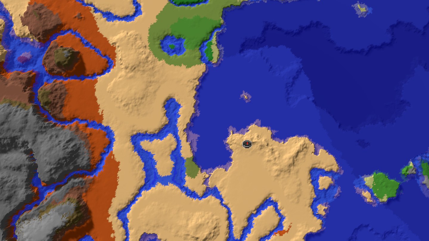 Aerial Minecraft seed map — Java 1.21 desert village coral reef seed with shipwreck [-8129040904328054617]