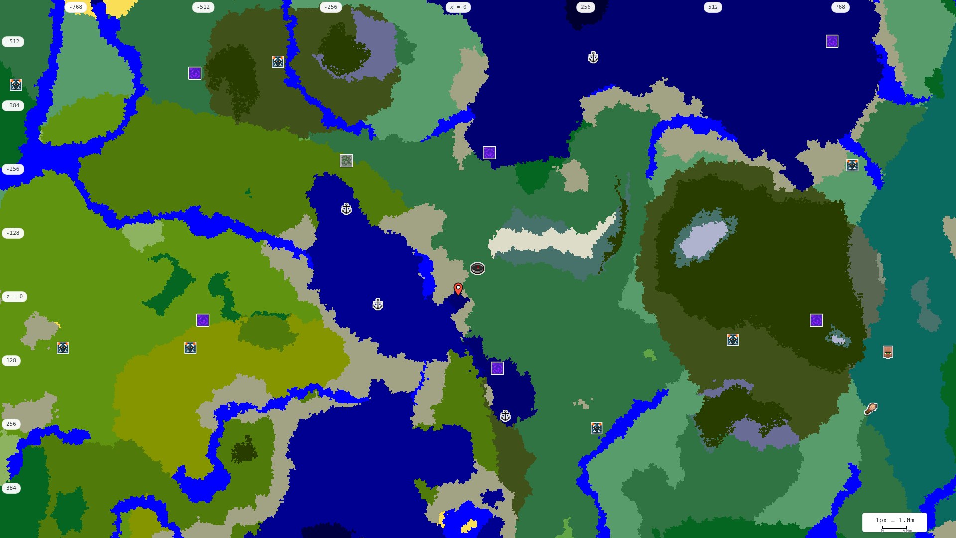 Top-down structures map: village, pillager outpost, ruined portal, shipwreck, woodland mansion, ocean monument, trial chambers, ancient city, desert pyramid, jungle temple, trail ruins