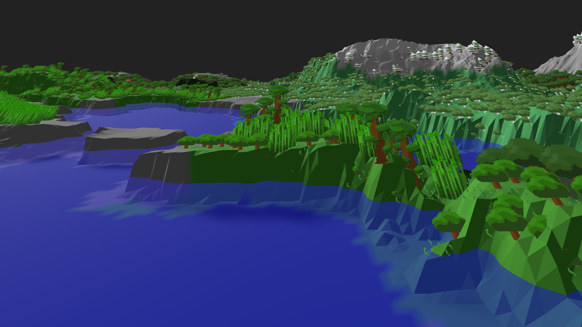 Near-horizontal 3D view from spawn looking at the surrounding terrain