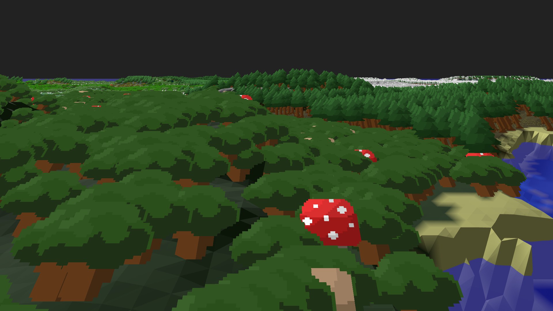 Near-horizontal 3D view from spawn looking at the surrounding terrain