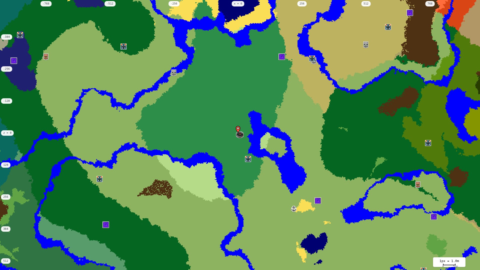 Top-down structures map: village, pillager outpost, ruined portal, shipwreck, woodland mansion, ocean monument, trial chambers, ancient city, desert pyramid, jungle temple, trail ruins