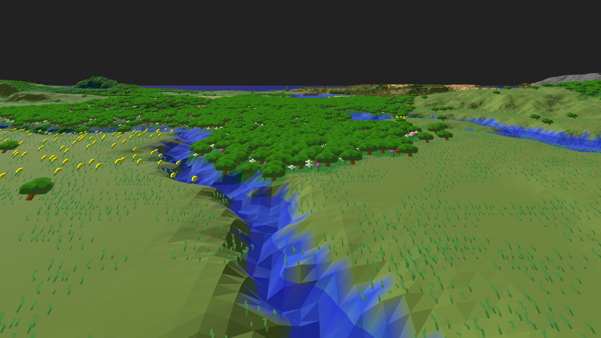 Near-horizontal 3D view from spawn looking at the surrounding terrain