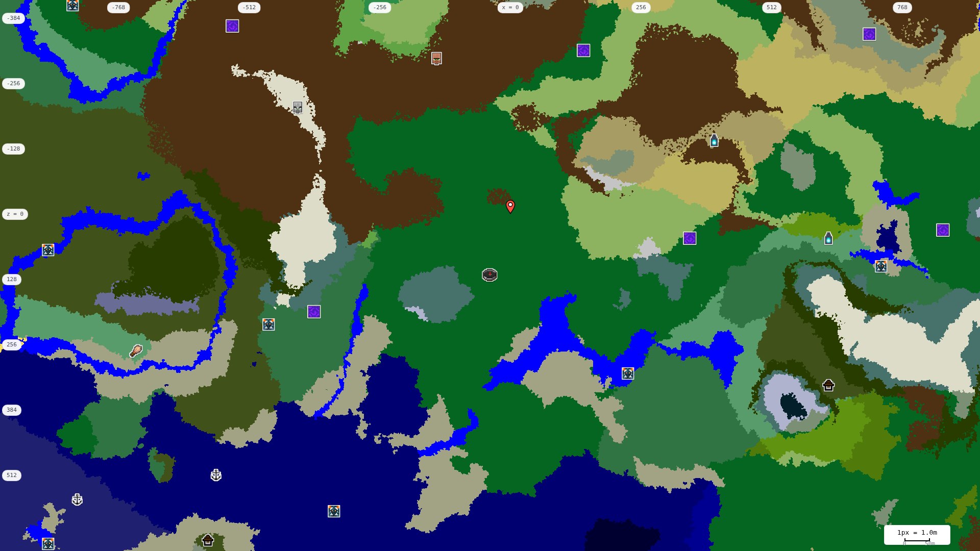 Top-down structures map: village, pillager outpost, ruined portal, shipwreck, woodland mansion, ocean monument, trial chambers, ancient city, desert pyramid, jungle temple, trail ruins