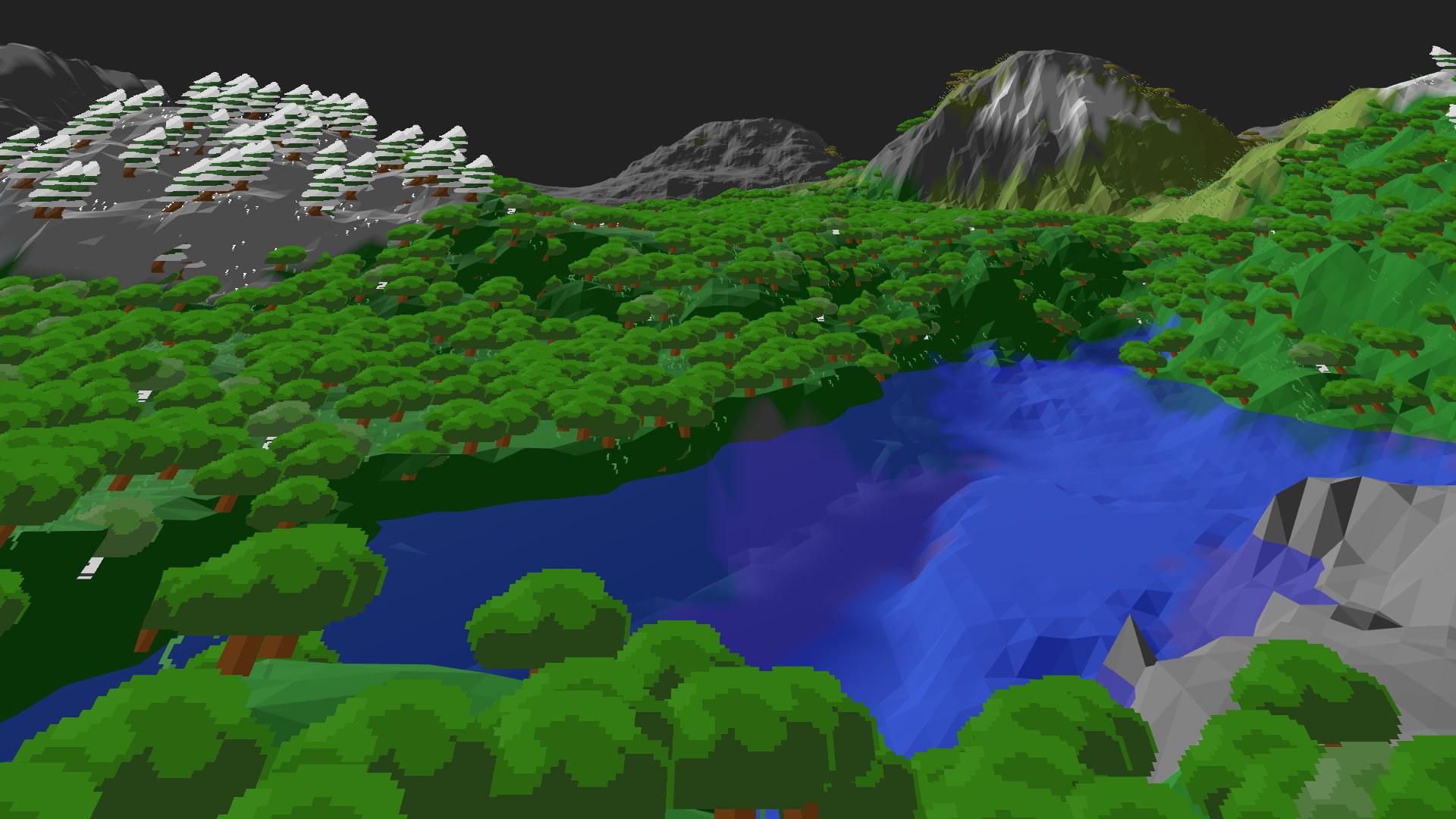 Near-horizontal 3D view from spawn looking at the surrounding terrain