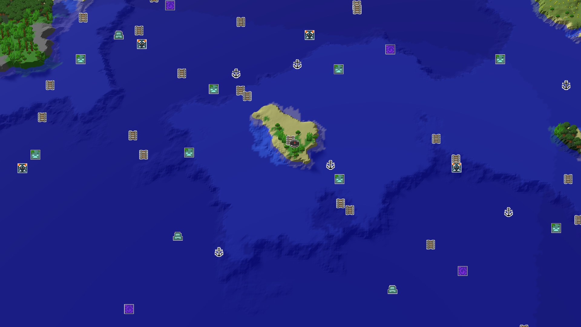 A small, tree-covered jungle island sits in a vast blue ocean, with a tiny red spawn marker in its center. The water surrounding the island shows varying depths, and distant landmasses are visible on the horizon.