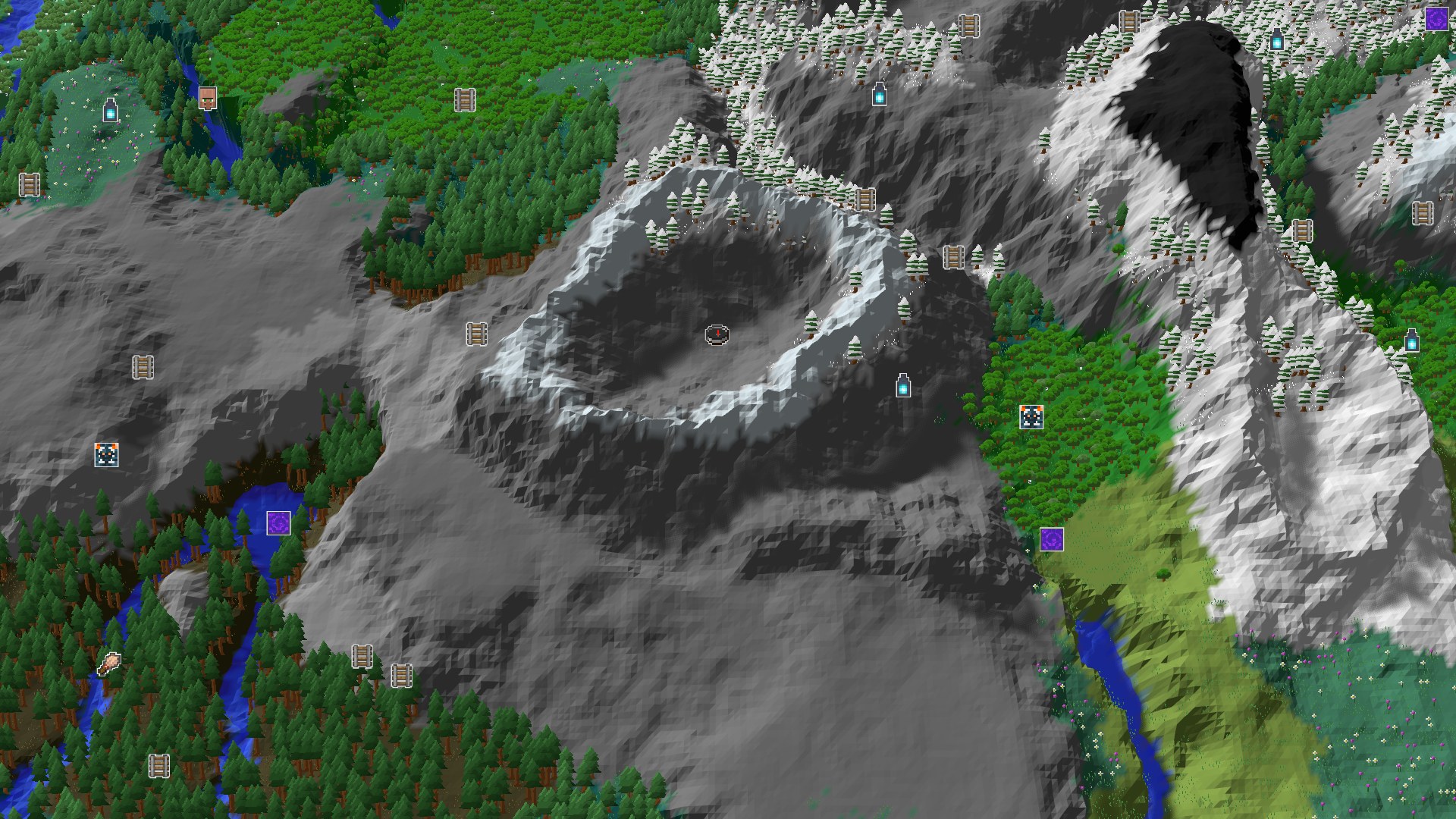 An aerial view of a varied landscape, showing a central snowy mountain with a crater, surrounded by green forests, a meadow, and winding rivers.