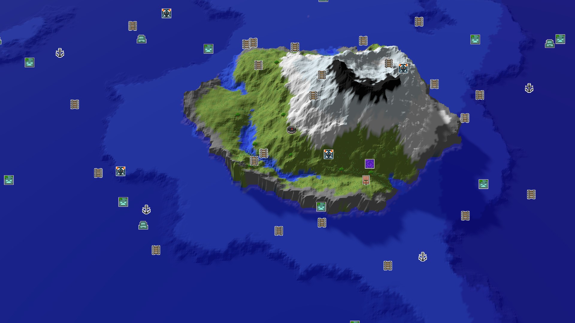 Aerial Minecraft seed map — A Mountain and Ocean Start with Nearby Structures