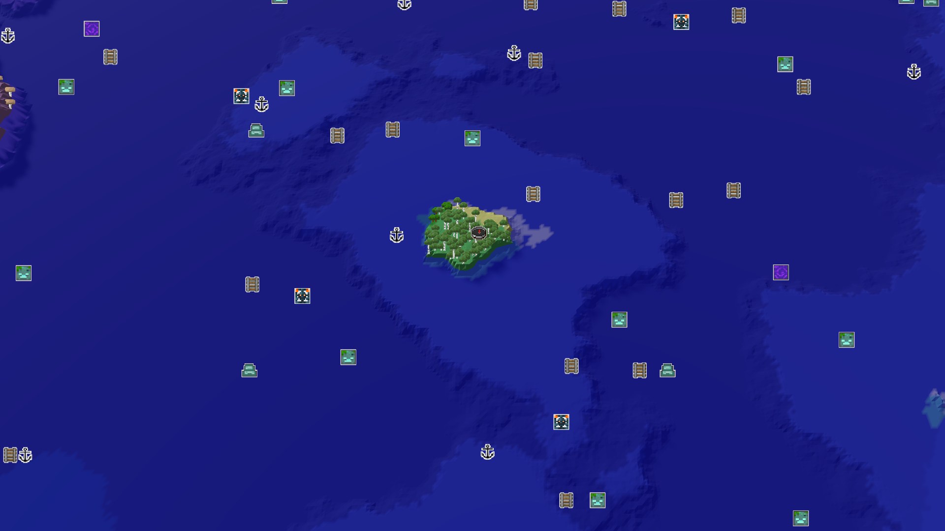 A small, tree-covered island, mostly birch, sits in a vast blue ocean with a spawn marker in its center. The island is relatively flat with some gentle hills.