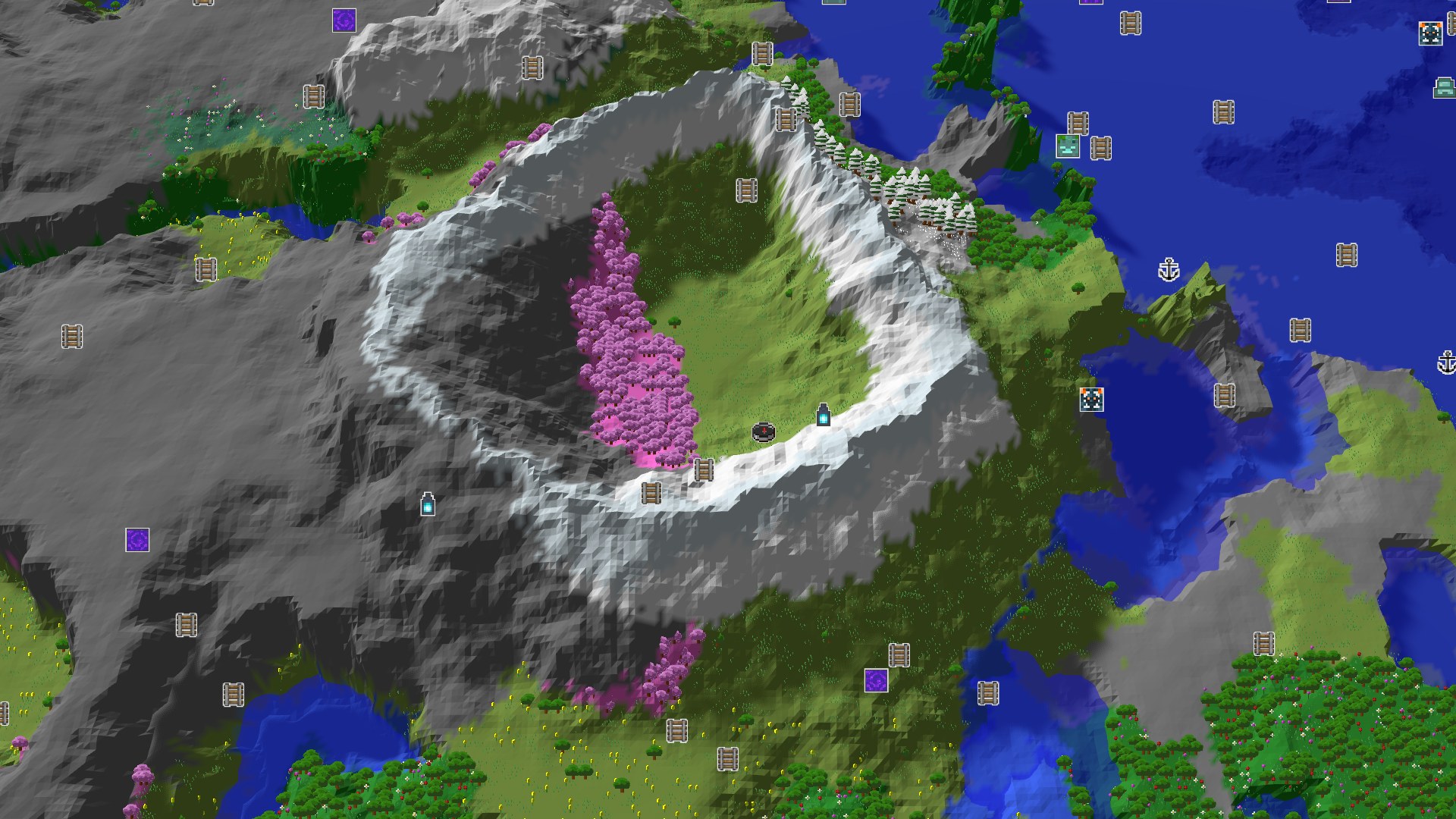 Aerial Minecraft seed map — A Mountainous Start with Nearby Structures