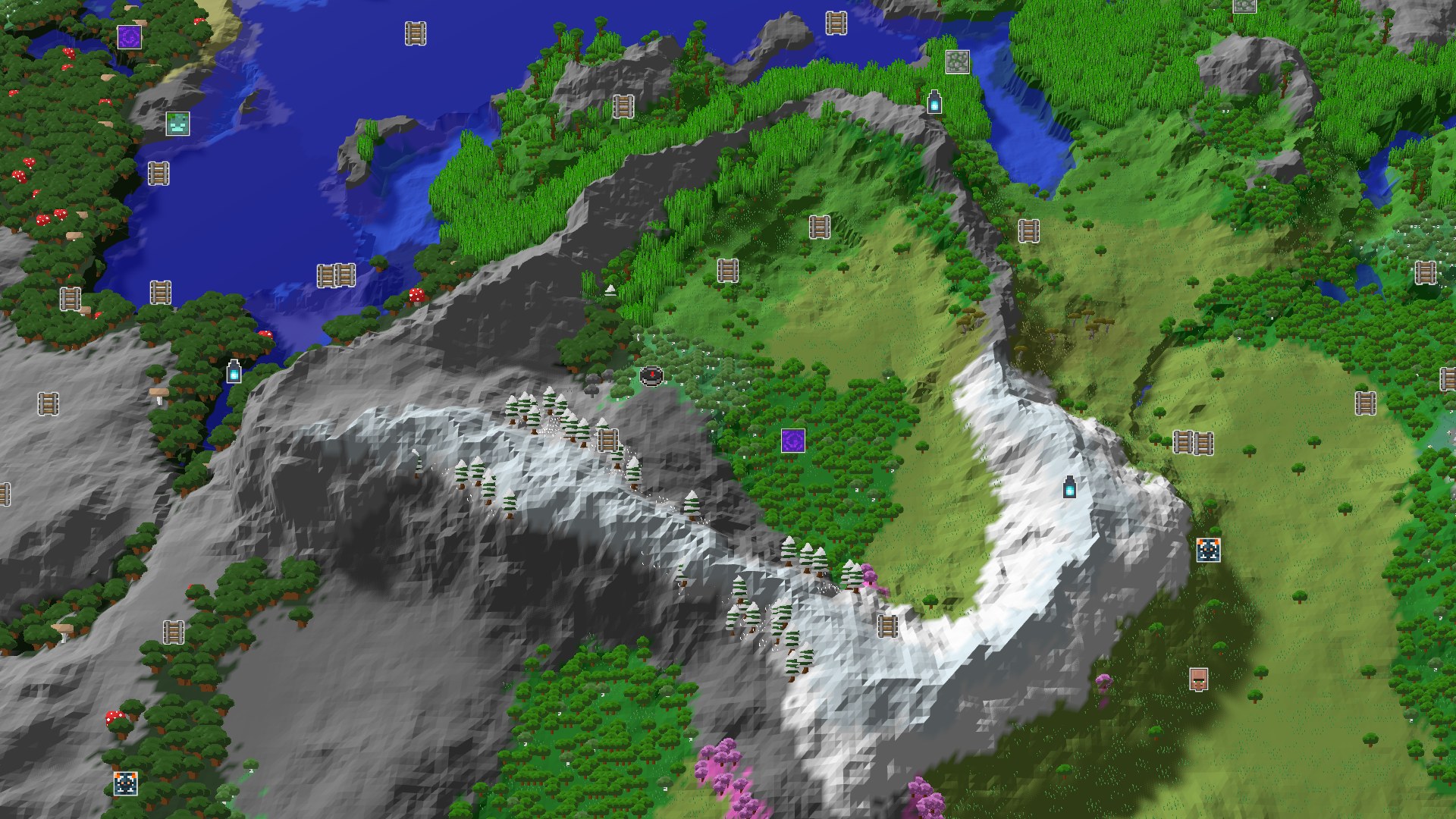 A bird's-eye view of a varied landscape featuring a large, snow-capped mountain range to the south and west, with a mix of forest biomes and some open plains to the east and north, a body of water in the upper left, and a spawn marker in a birch forest setting.