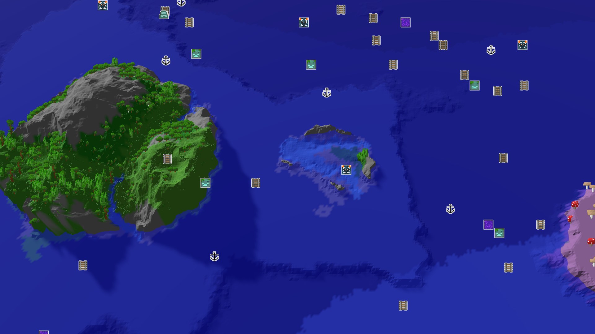 An overhead view of a large, tree-covered island with a smaller, flatter island nearby, both surrounded by vast ocean. A small spawn marker is visible on the larger island.