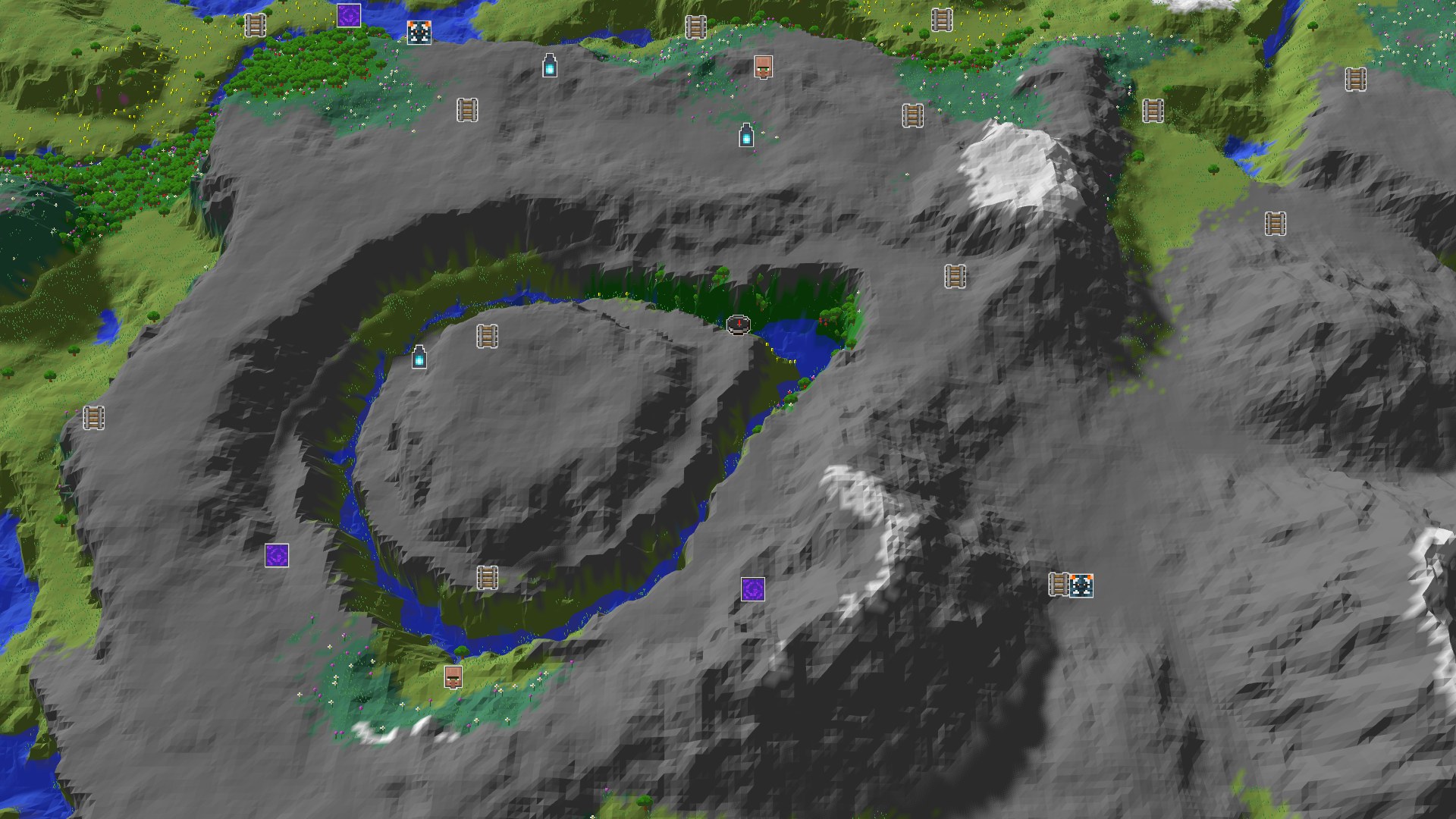 A 3D aerial view of a large, circular, mountainous crater with a small lake at its center, surrounded by varied green plains and scattered forests. A small spawn marker is visible near the edge of the plains.