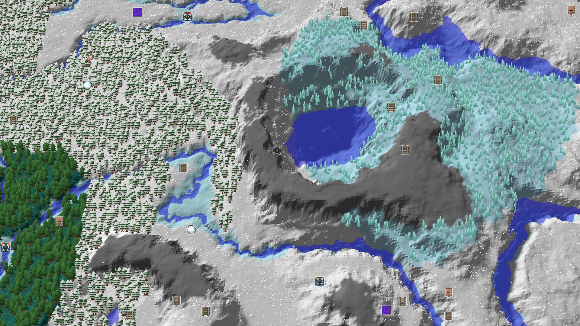 A bird's-eye view of a snowy landscape featuring rolling hills, a large frozen lake, and dense coniferous forests. A small spawn marker sits near the lake's edge, surrounded by snow-covered ground and scattered trees.