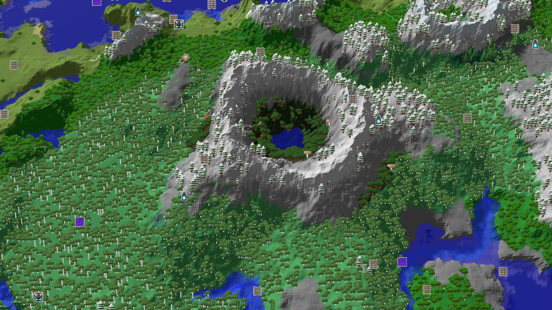 An overhead 3D view shows a vast forest, mostly birch and dark oak trees, with a large crater-like mountain formation in the center right. Snowy peaks rise behind it, and a large body of water is visible to the left.