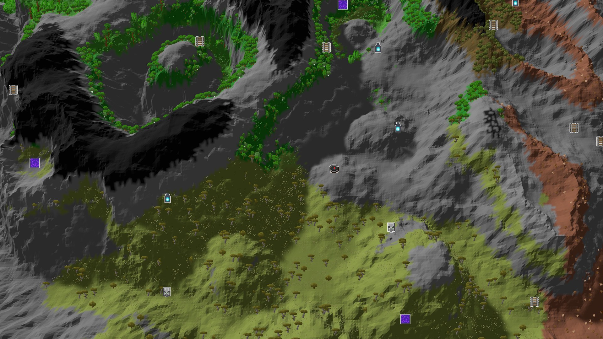 Aerial Minecraft seed map — Spawn Near a Stony Peaks Mountain and Badlands