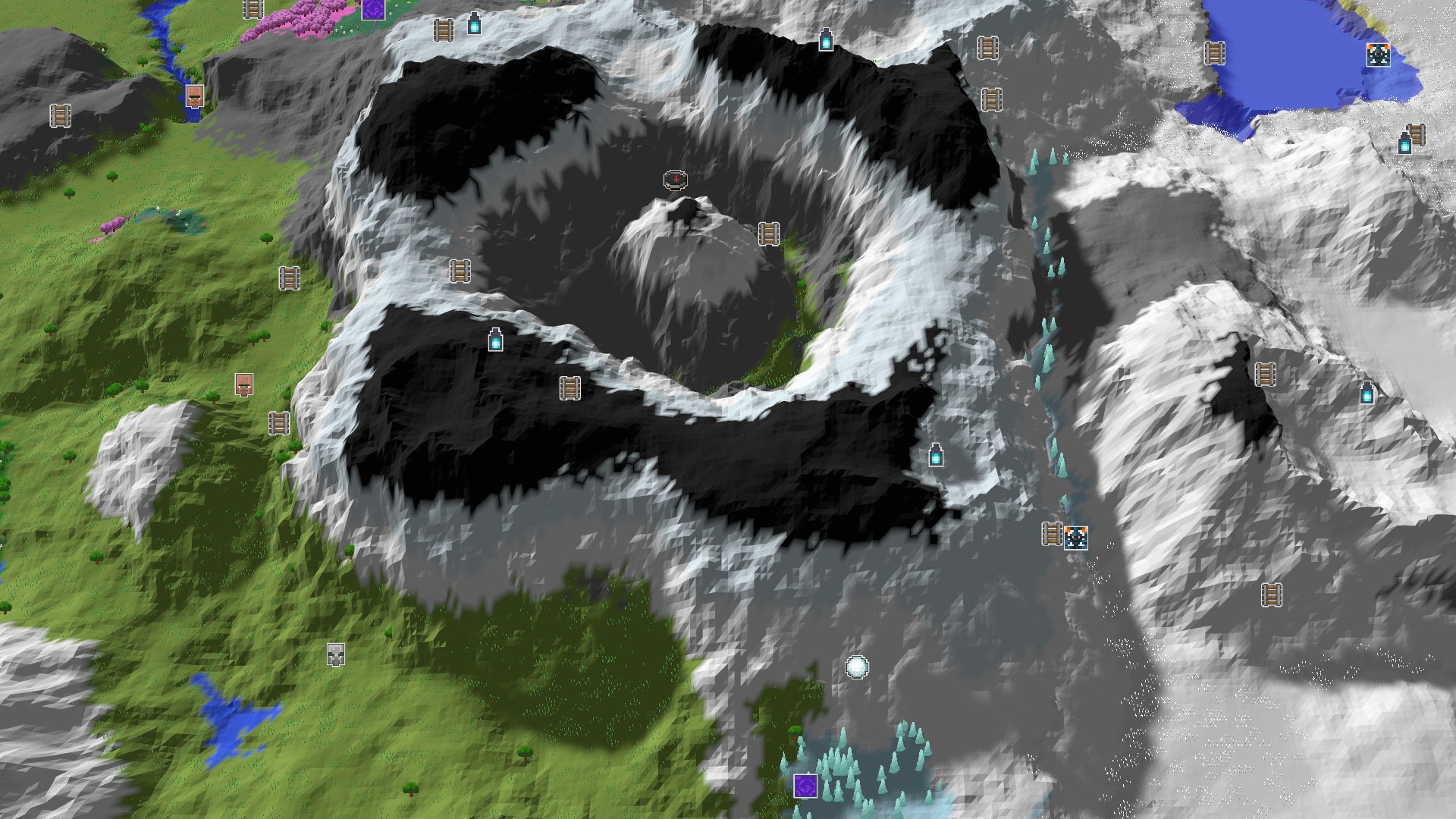 Aerial Minecraft seed map — A Mountainous Start with Nearby Amethyst