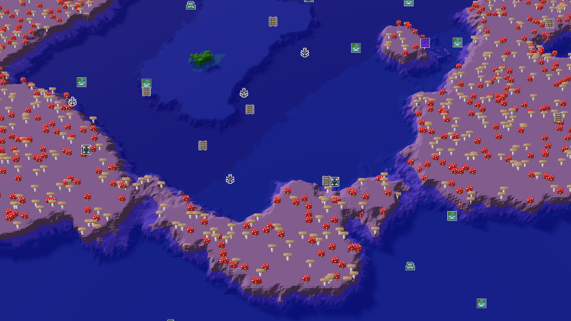 An overhead view of a large ocean area with several islands and peninsulas covered in red and white mushrooms, with a small green island in the distance. The water is deep blue, and the landmasses are purple-brown.