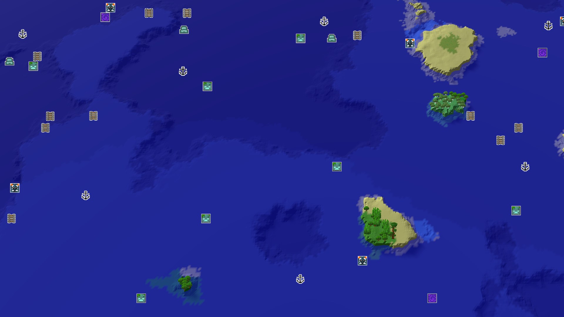 A bird's-eye view of a savanna biome with scattered trees, leading to a beach and then a vast ocean. A small spawn marker is visible in the savanna.