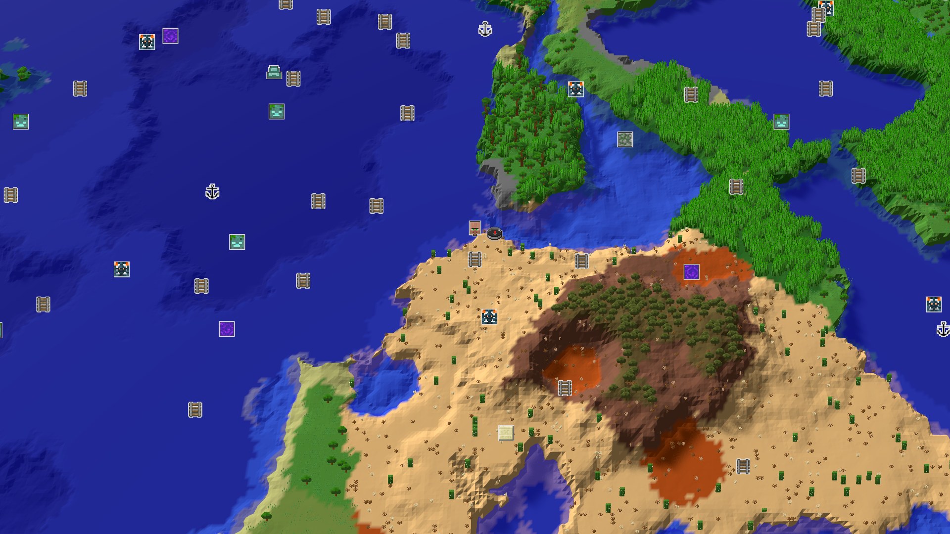 Aerial Minecraft seed map — Desert Spawn with Nearby Village and Lush Jungles
