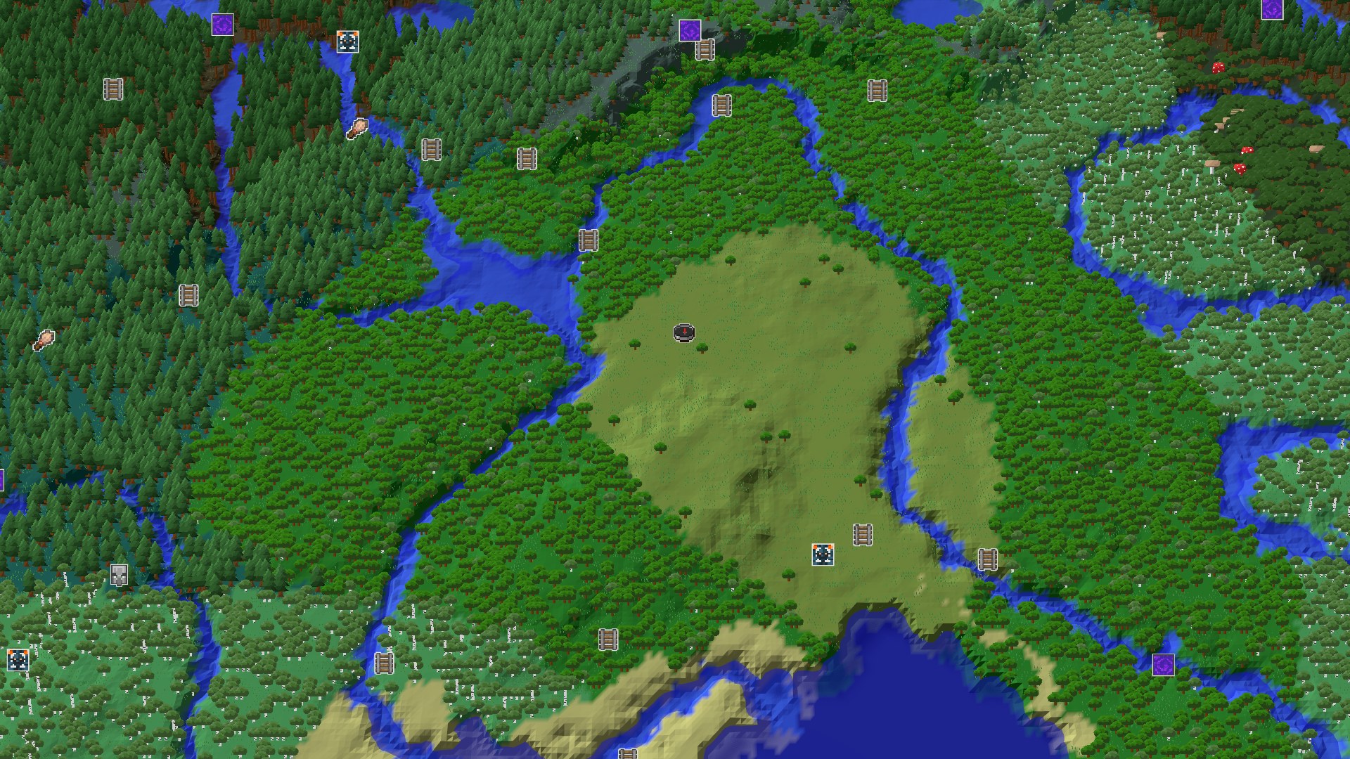 Aerial Minecraft seed map — A Peaceful Plains Spawn with a Nearby Amethyst Geode