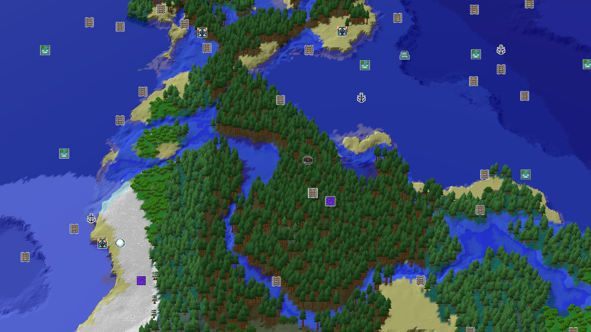 A 3D overhead view of a densely forested taiga biome with a winding river and patches of beach, surrounded by ocean, with a spawn marker in the center of the forest.