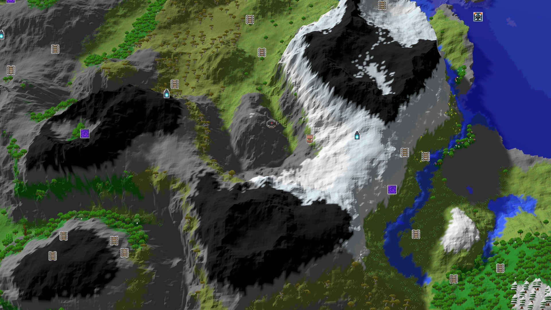 Aerial Minecraft seed map — A Mountainous Start with Nearby Amethyst