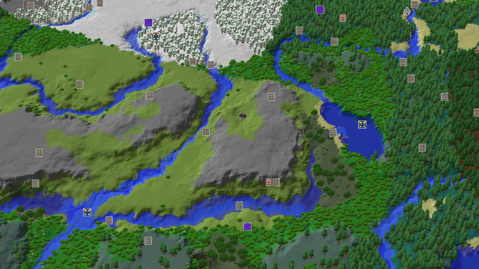 An overhead map view showing a central green plains area bordered by rivers, with a large gray windswept hills biome to the south, and a snow-covered region to the north.