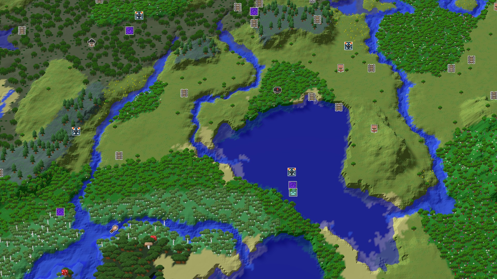 Aerial Minecraft seed map — A Forest Spawn with Close Geode and Distant Peaks