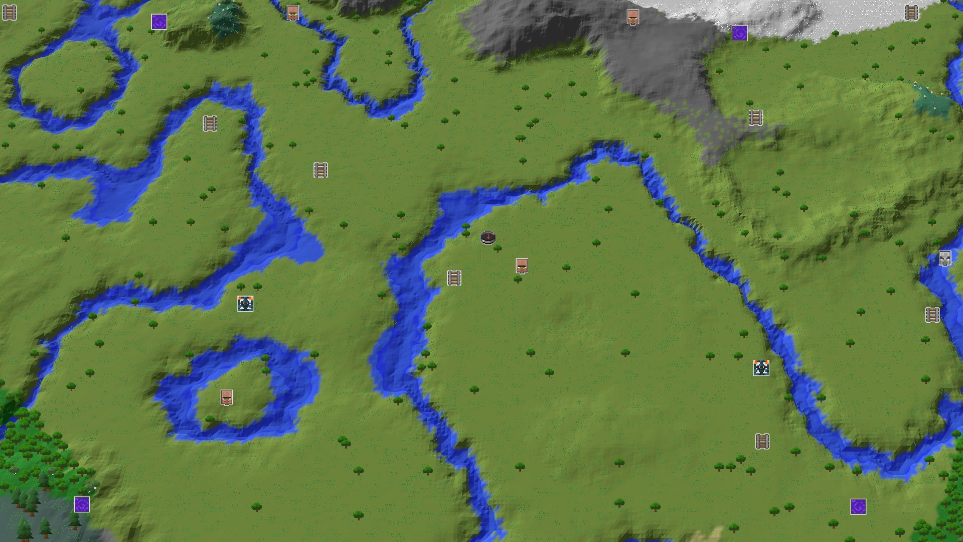 Aerial Minecraft seed map — Plains Spawn with Immediate Amethyst and Village