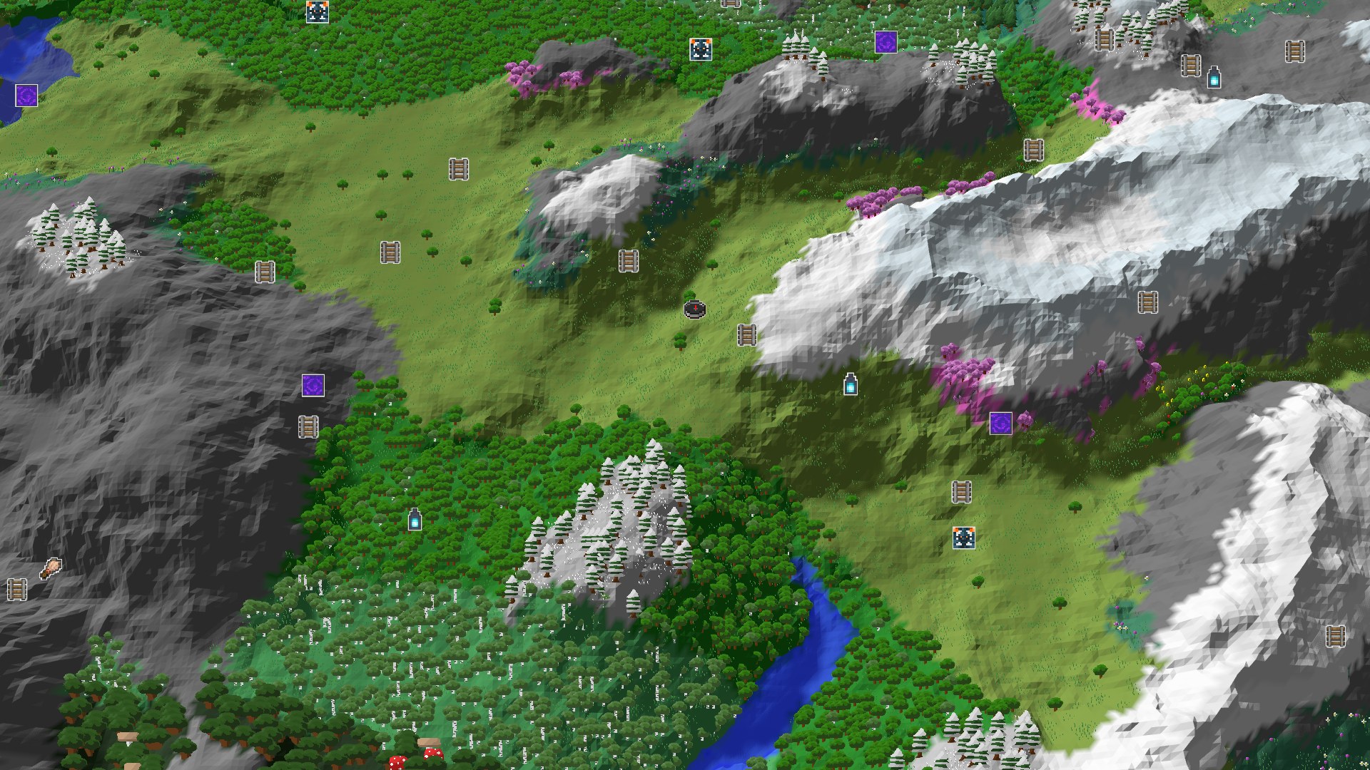 A bird's-eye view of a green plains biome transitioning into snowy mountains and dark forest, with a winding river and a small spawn marker.