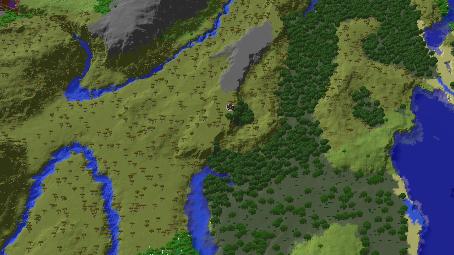 Aerial Minecraft seed map — Savanna Start with a Village at Ground Zero