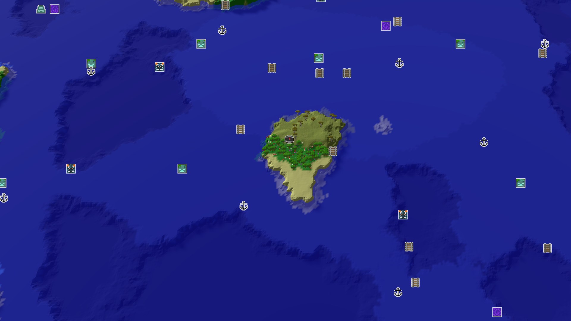 An aerial view of a small, green island with some trees at its center, surrounded by vast blue ocean, with a small spawn marker in the middle.