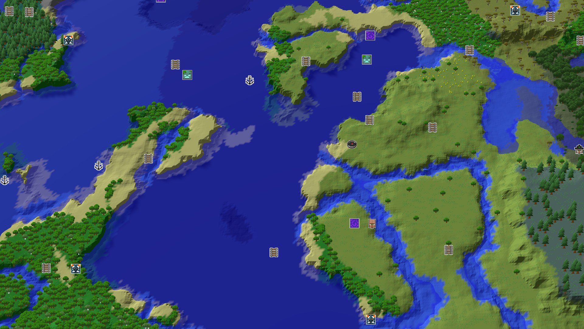 Aerial Minecraft seed map — A Coastal Plains Start with Quick Buried Treasure