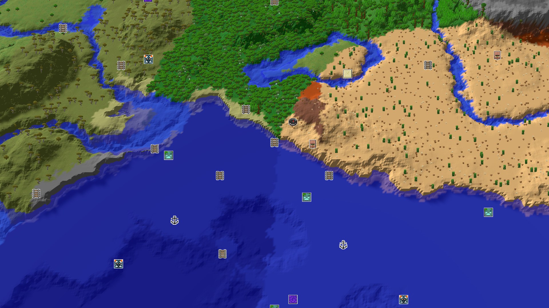 Aerial Minecraft seed map — Desert Spawn with a Close Amethyst Geode