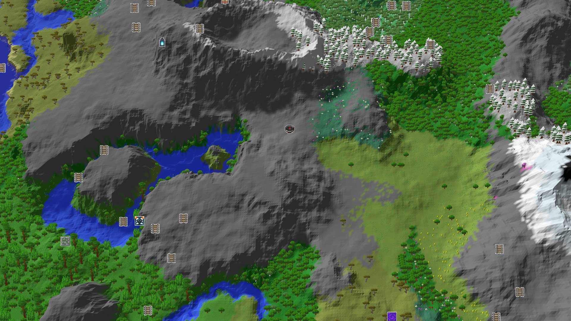 Aerial Minecraft seed map — Spawn Near Snowy Slopes and a Convenient Geode