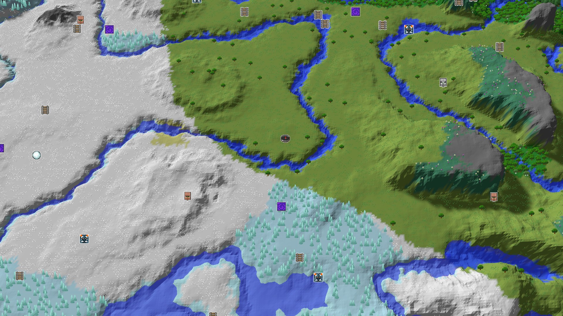 An aerial view of a Minecraft world, showing a plains biome with scattered trees and a winding river. To the left, a large expanse of snowy plains and ice spikes. In the distance, mountains rise, some covered in snow.