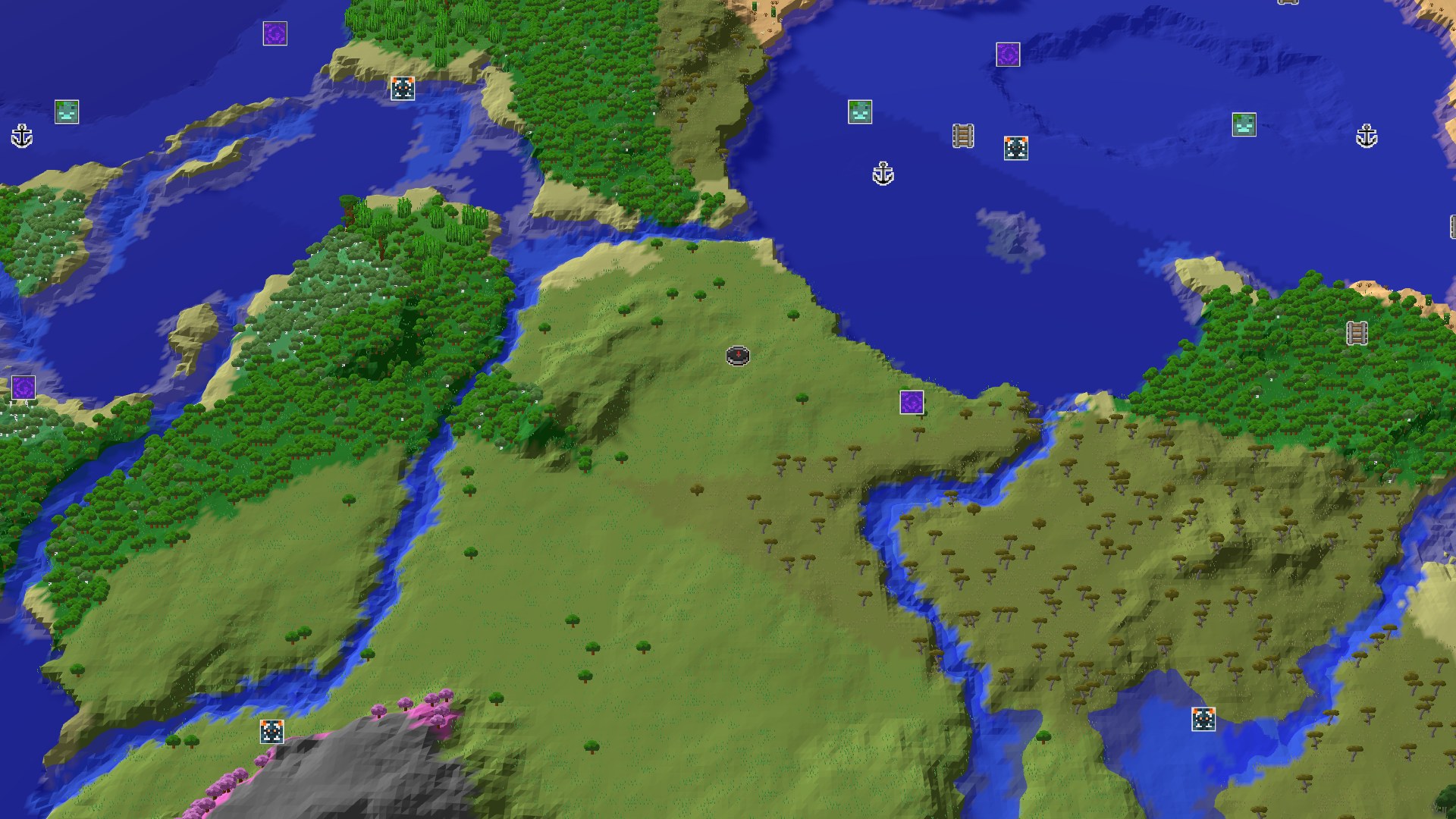 Aerial Minecraft seed map — A Modest Start with a Nearby Geode and Cherry Grove