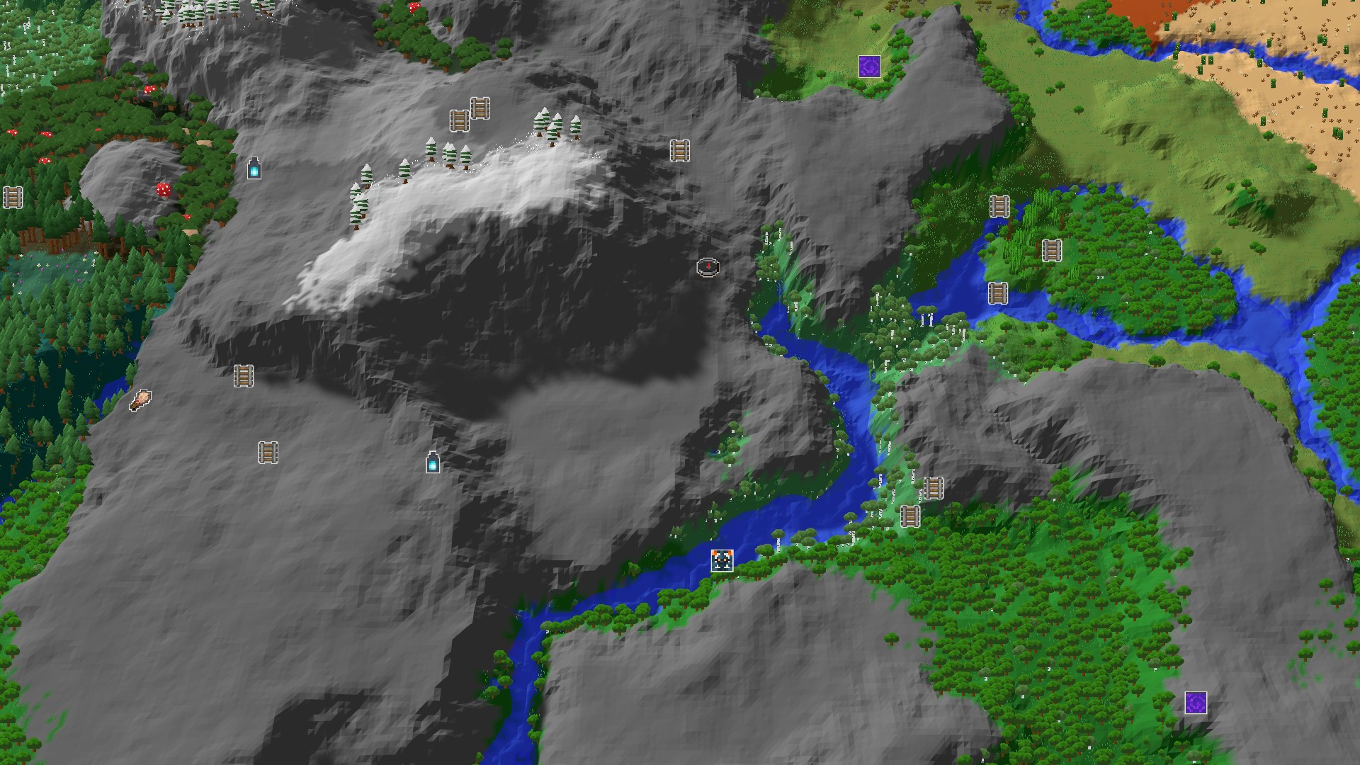 A 3D fly-over of a mountainous landscape with a river winding through, dense forests, and patches of snowy peaks near the center spawn marker.