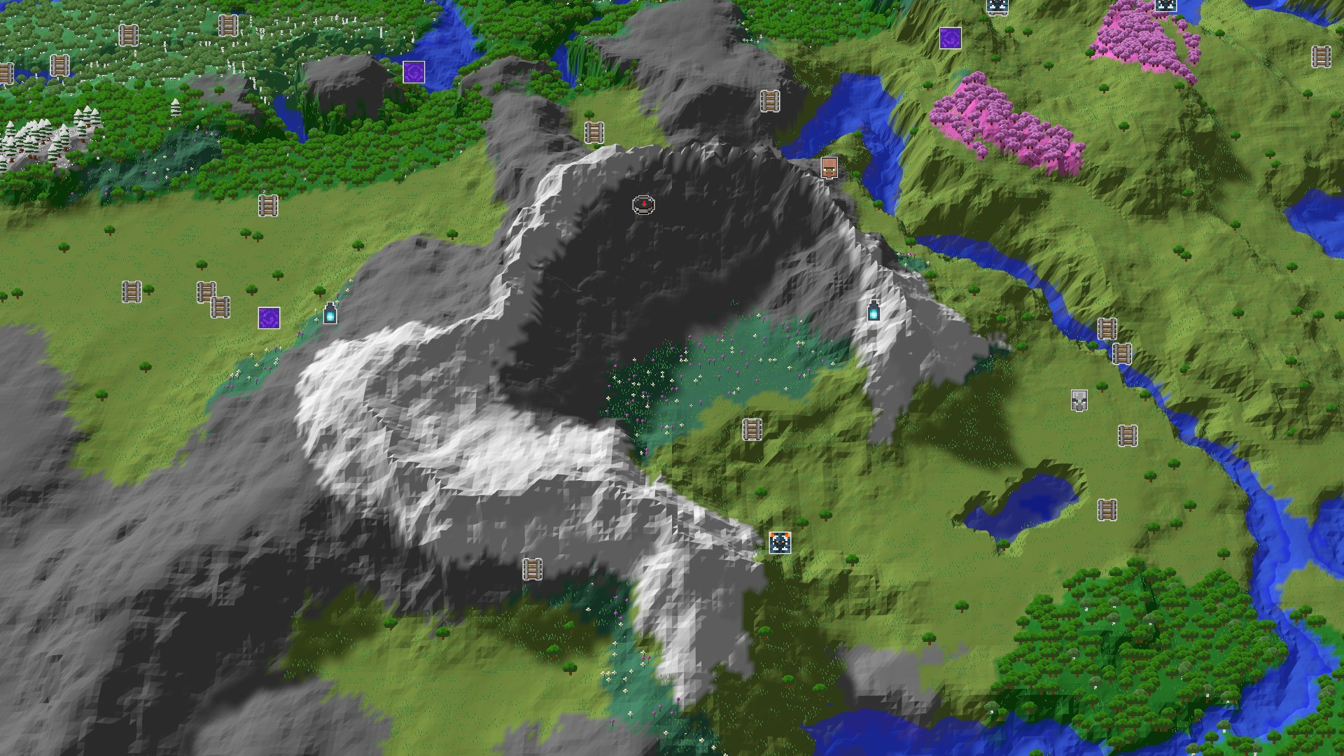 Aerial Minecraft seed map — Spawn in a Meadow with Nearby Mountains and Amethyst