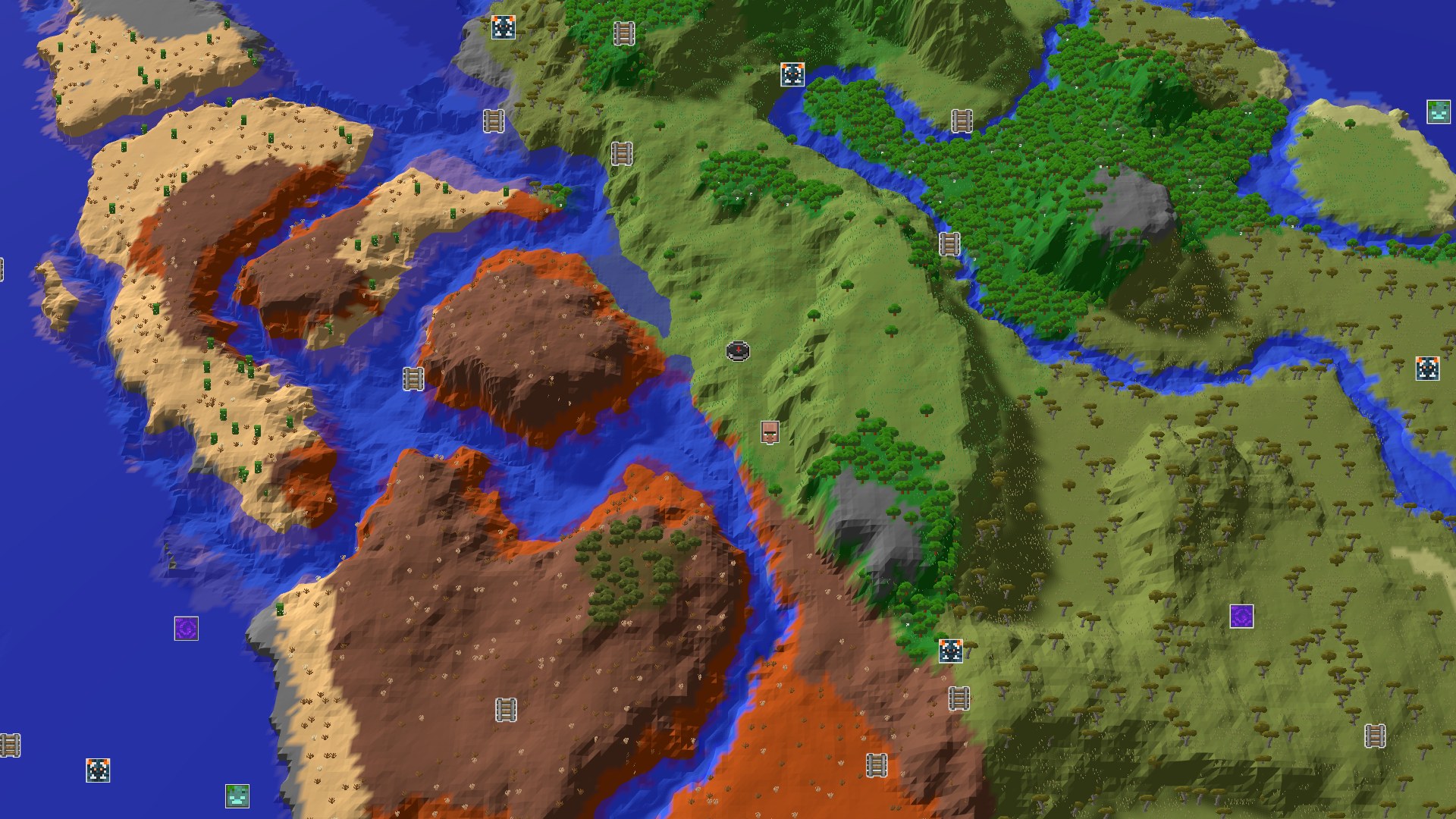 Aerial Minecraft seed map — Wooded Badlands and Forest Hills Near Spawn