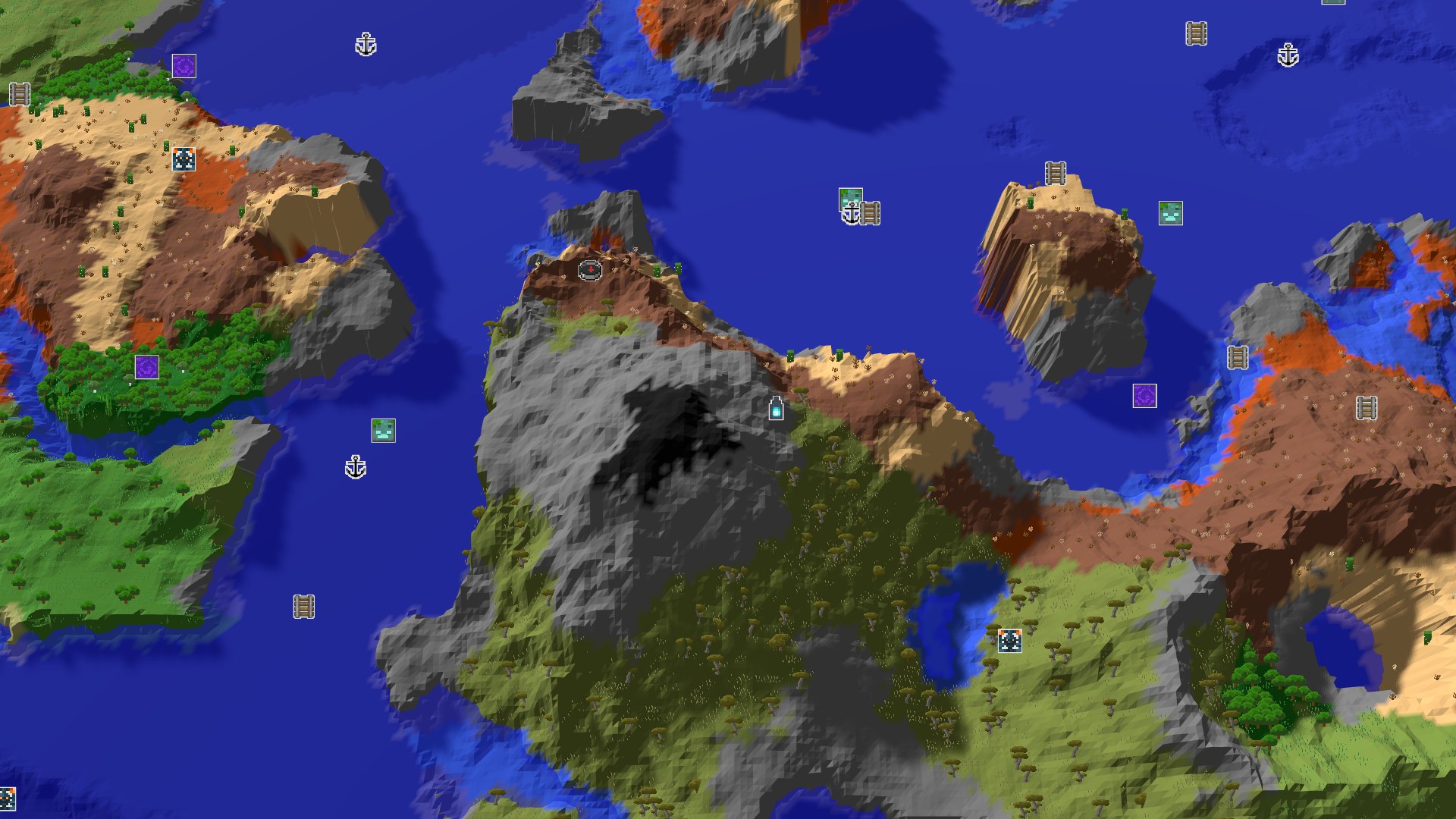 A bird's-eye view of a varied island landscape featuring red badlands, gray stony peaks, and green savanna, surrounded by blue ocean. A small spawn marker is visible near the center.