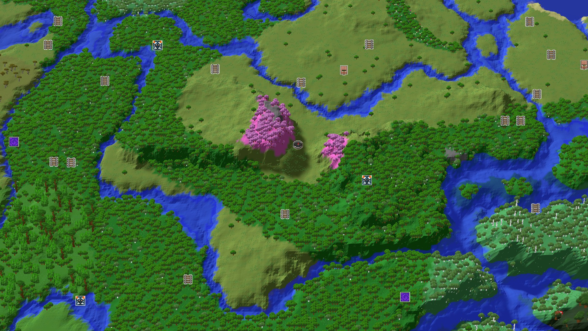 Aerial Minecraft seed map — Cherry Grove Peaks and Nearby Trials
