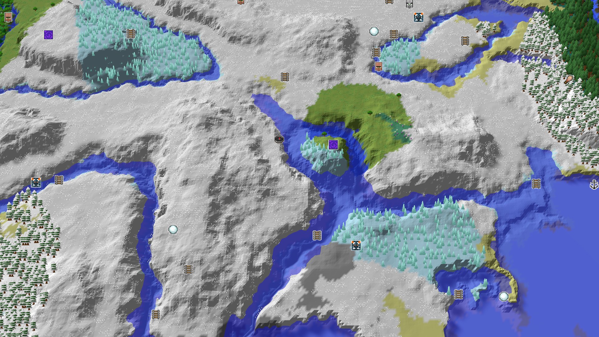 A bird's eye view of a snow-covered mountainous landscape with winding frozen rivers, scattered evergreen forests, and patches of flatter land.