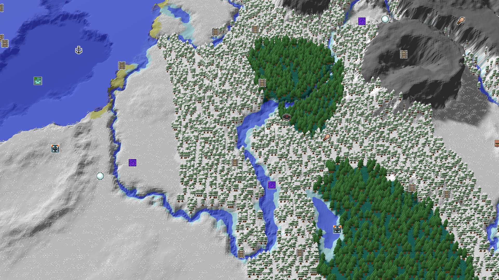 A bird's-eye view of a snowy forest with a winding frozen river, bordered by higher, snow-dusted terrain to the west and a prominent grey mountain to the northeast, with the spawn point marked in the center of the taiga.