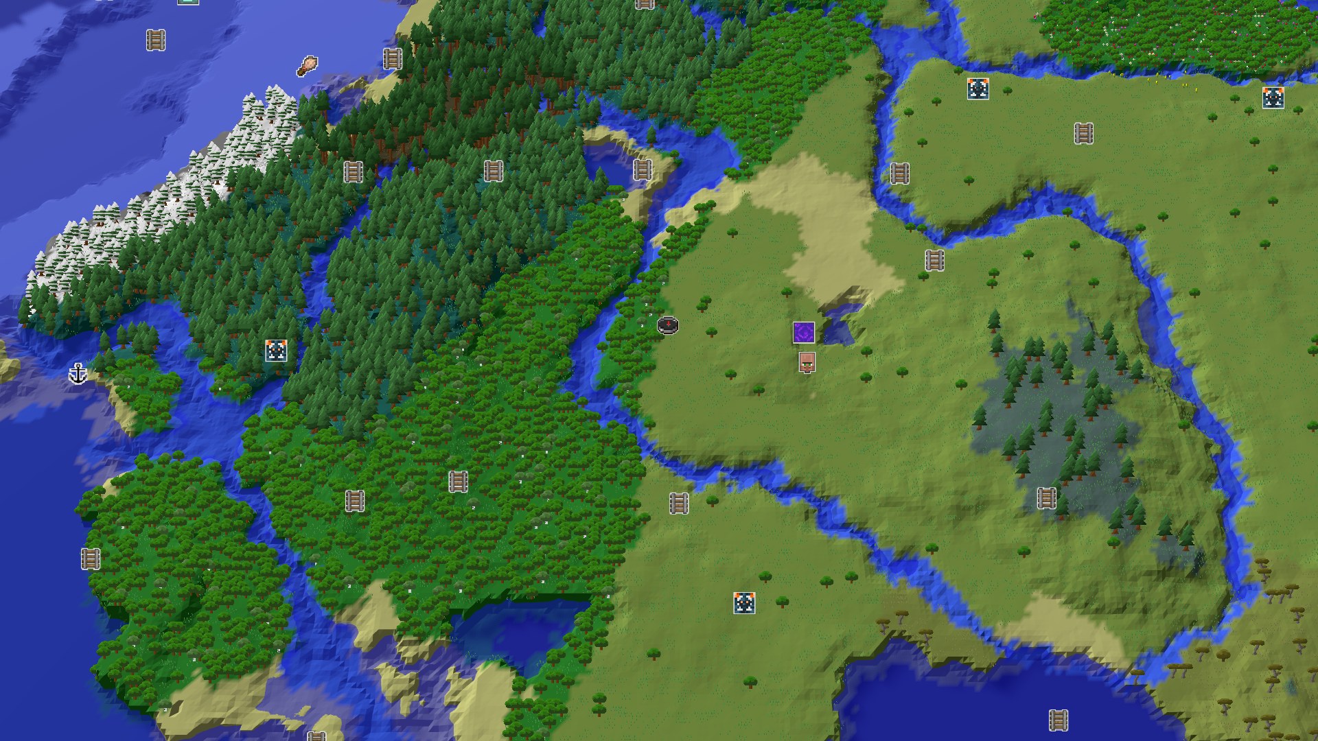 Aerial Minecraft seed map — Plains Spawn with Close Geode and Distant Peaks