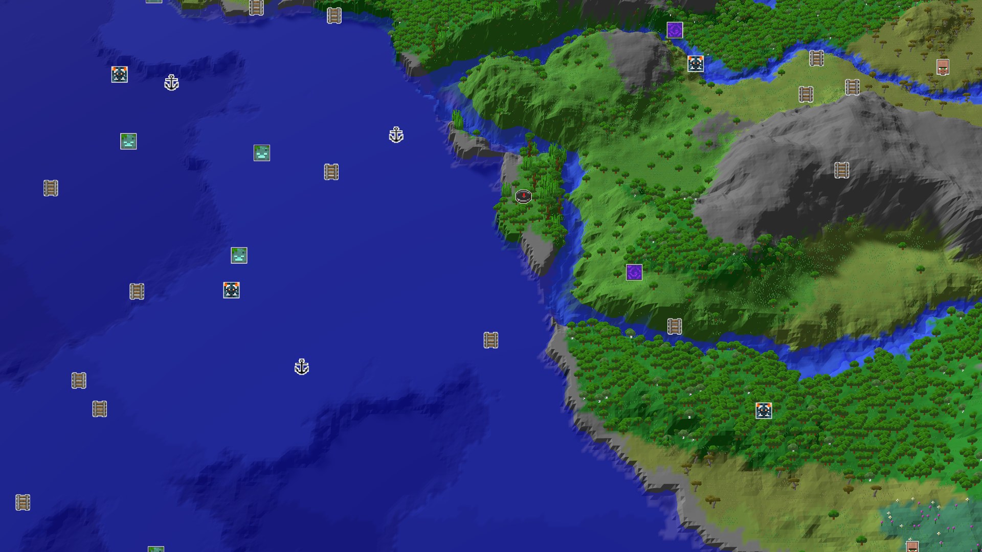 Aerial Minecraft seed map — Jungle Coast with a Close Amethyst Geode